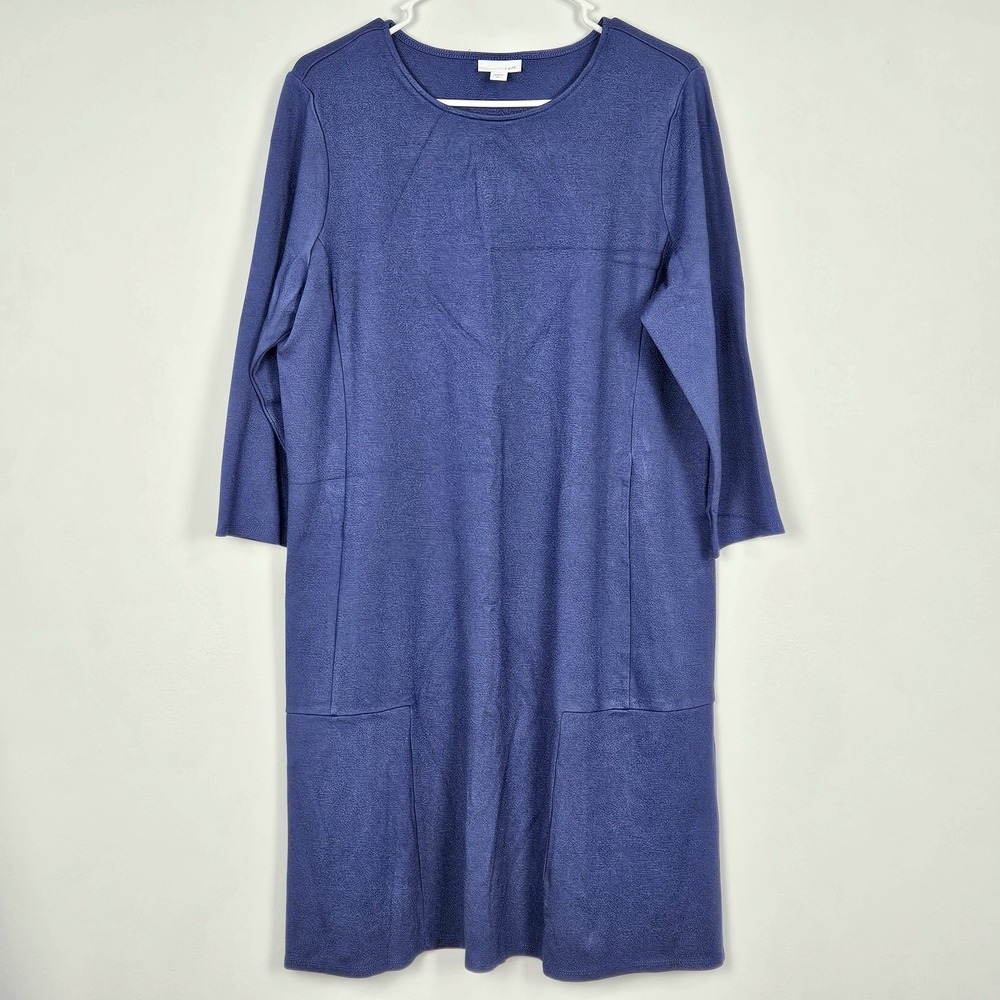 J Jill Dress Sz L TALL 3/4 Sleeve Ponte Knit Panel Stitch Stretch Comfort Blue